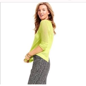 CAbi #199 Lemon Lime Green Split Back Mesh Sleeves Pullover sweater Size Small